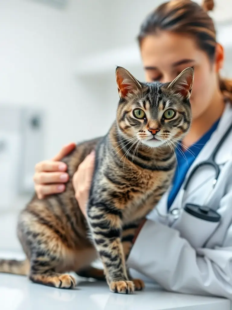 A veterinarian gently examining a cat during a check-up, emphasizing the importance of regular veterinary care.