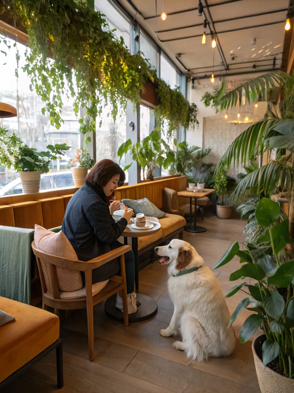 A cozy pet-friendly cafe with dogs relaxing under the tables while their owners enjoy coffee.