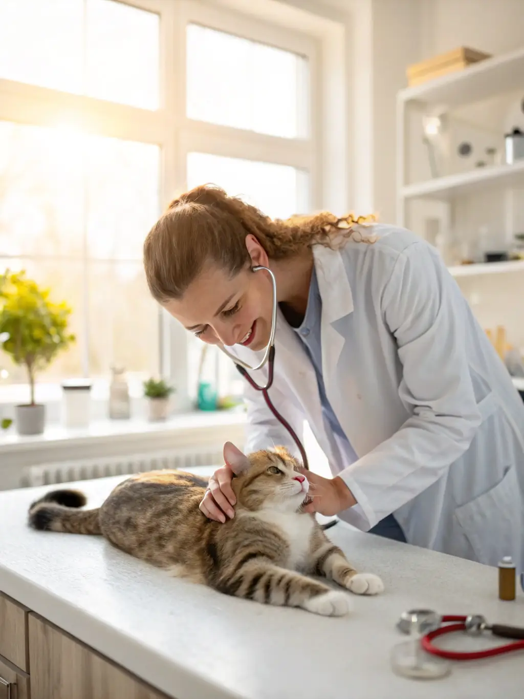 A veterinarian gently examining a cat in a calm and caring environment at a specialized feline clinic.