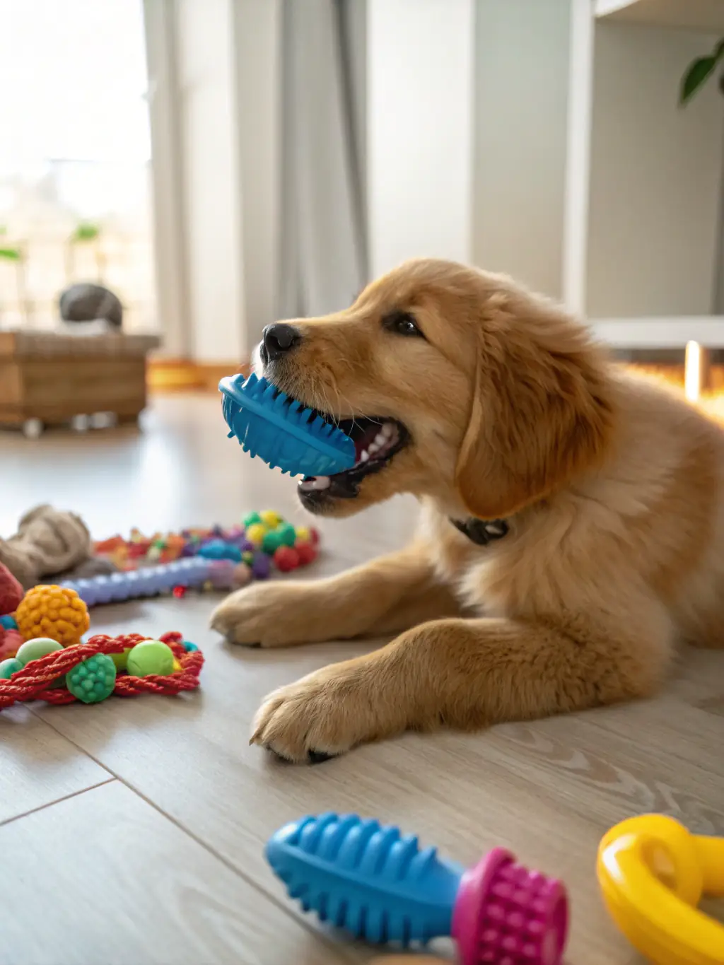 A golden retriever puppy happily playing with a chew toy indoors, showcasing a healthy and joyful pet.