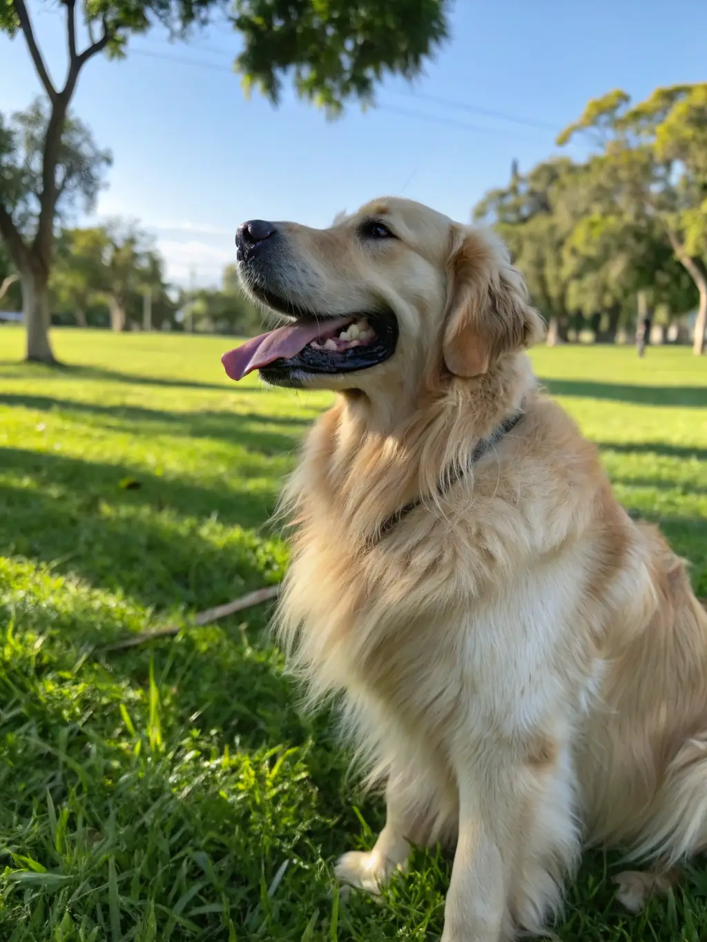 A golden retriever happily playing in a designated dog park area with other dogs, showcasing a pet-friendly environment.